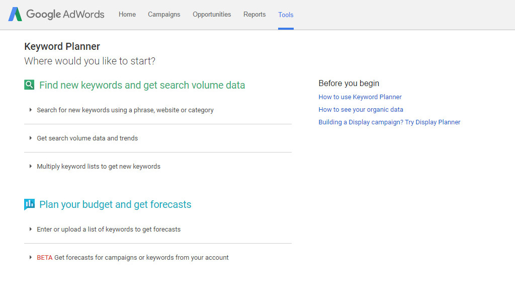 Keyword planner first page