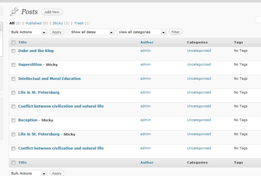 a screenshot showing a list of sample blog posts in WordPress 'Post' administrator back-end.