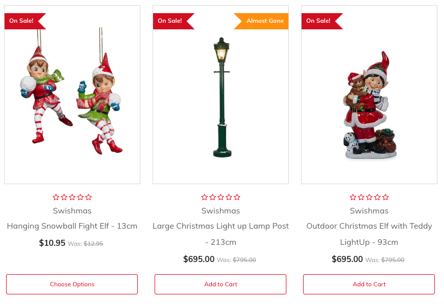 Example of product sashes on the Christmas Elves ecommerce website.