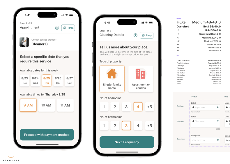 A set of mobile screens showcasing the VivaValet app, designed for elder care. The screens display large, high-contrast text, clear icons, and simplified navigation elements, ensuring readability and ease of interaction for elderly users. The rightmost image includes a typography guide, illustrating different text sizes and weights used for accessibility.