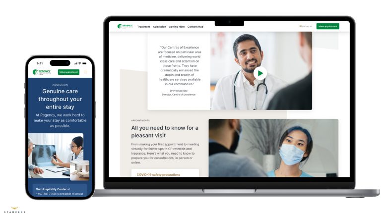 A laptop and smartphone display the redesigned HMI Group hospital website. The website features a clean and structured layout with a reassuring color palette, real imagery of doctors and patients, and easy access to medical information. The mobile version highlights a message about genuine care, while the desktop version includes a doctor’s video introduction and appointment details, reflecting the site's focus on trust, clarity, and patient support.