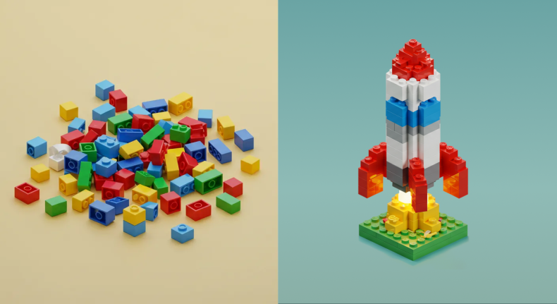 A side-by-side comparison of scattered, unassembled LEGO blocks on the left and a fully built red and blue LEGO rocket launching on the right, symbolizing the transformation from chaos to structure—illustrating how a well-structured design library enables consistency, efficiency, and faster execution