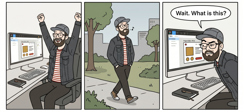 Three-panel illustrated comic: designer at desk celebrating work completion, designer walking outside, designer back at desk with realization face saying "Wait. What is this?"