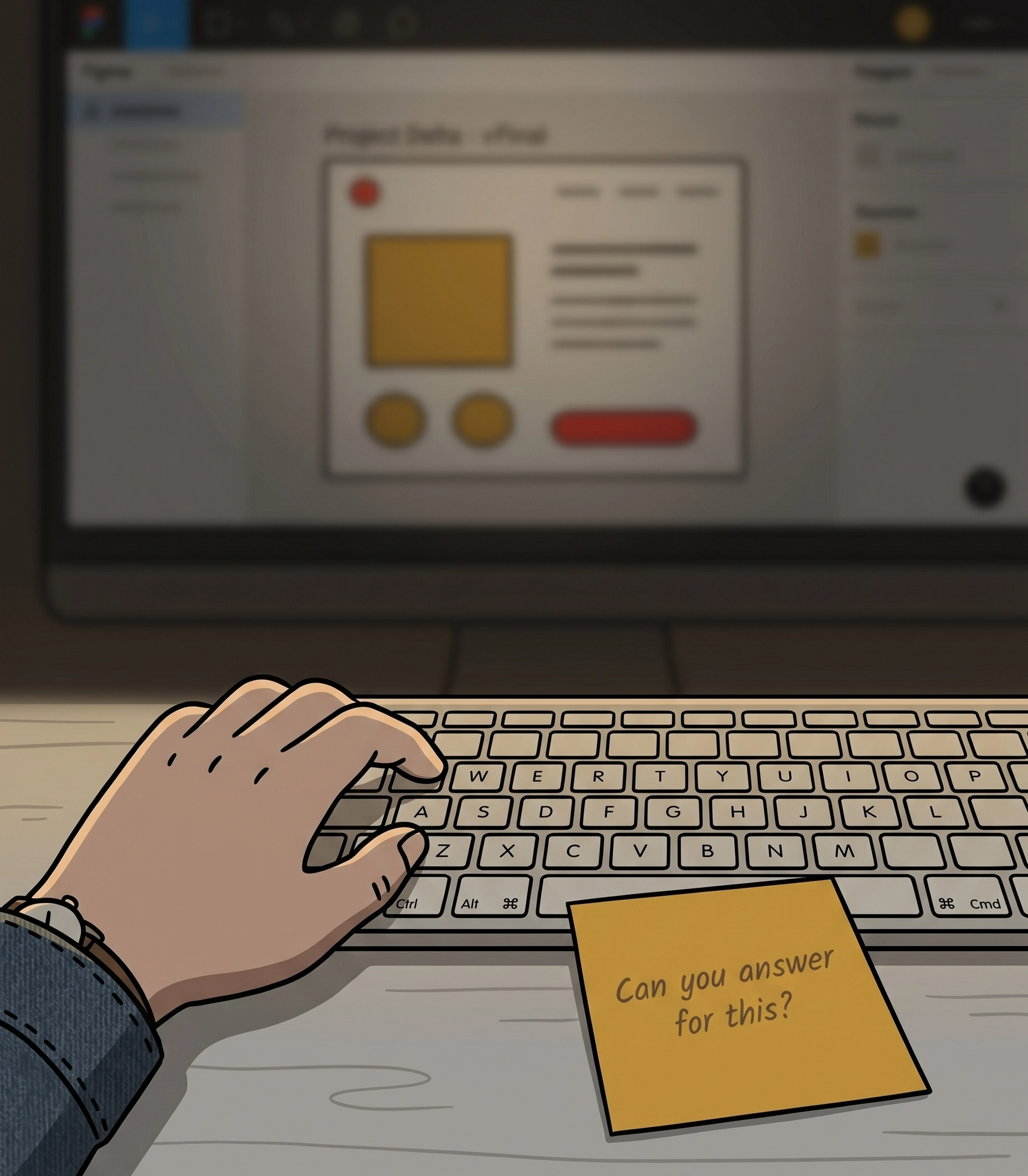 Close-up photograph of designer's hands on keyboard with Figma design blurred in background and a sticky note in foreground with the question "Can you answer for this?"