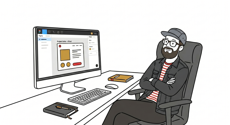 Designer sitting at desk with arms crossed, smiling confidently at monitor showing UI design. Warm illustration style, soft shadows.